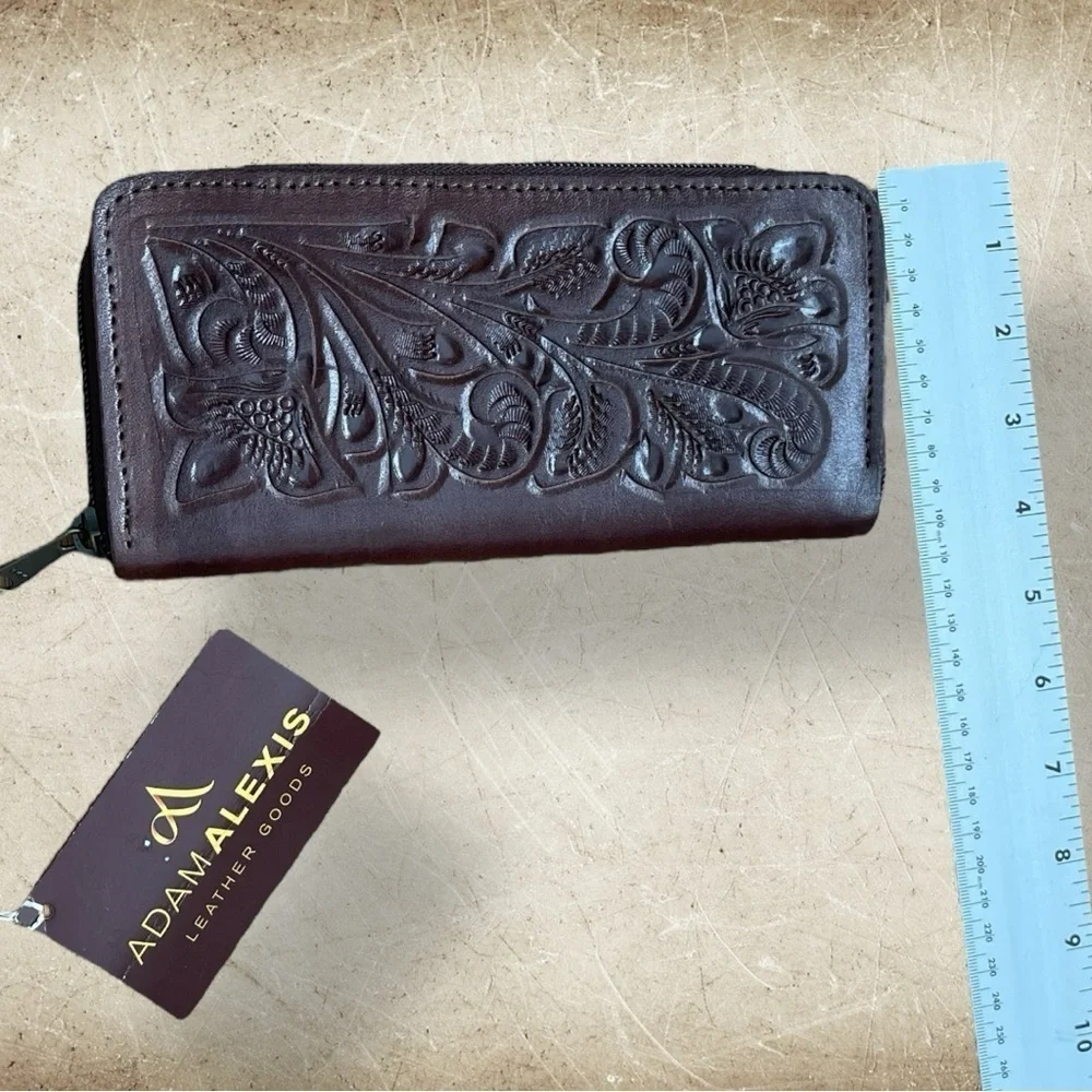 ADAMAlexis NWT Hand Tooled Brown Leather Zip Around Wallet